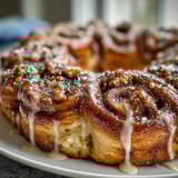 Festive Mardi Gras King Cake Cinnamon Roll Wreath drizzled with icing and sprinkled with purple, green, and gold sugars.  