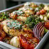 Healthy 5-Ingredient Sheet Pan Chicken and Veggies with tender chicken breasts and colorful roasted vegetables, perfectly seasoned and caramelized for a quick, nutritious dinner.
