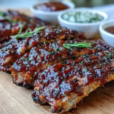 Juicy Father's Day BBQ Ribs on a board, ready for dipping.
