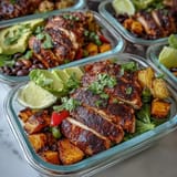 Flavorful BBQ chicken meal prep bowls with sweet potatoes and vibrant toppings.
