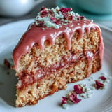 Pink rosé velvet cake, frosted and drizzled with shimmering edible gold.