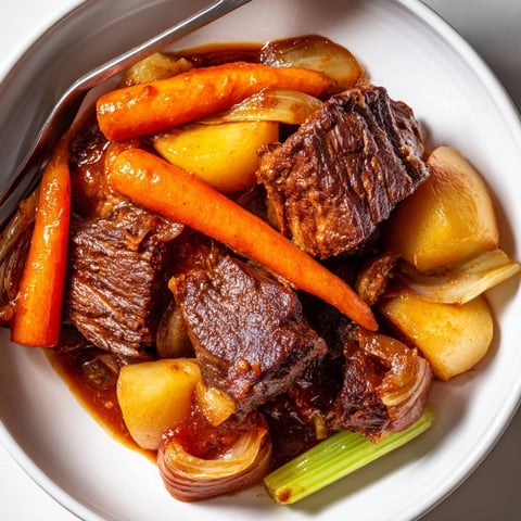 Close-up of deeply browned Braised Beef with Root Vegetables, simmered in a rich, savory broth.