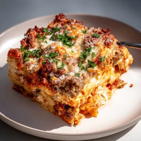 Creamy Baked Ziti with Italian sausage, mozzarella, and rich tomato sauce served hot.  