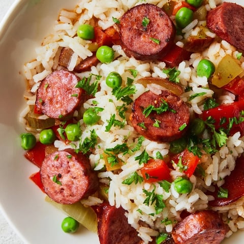 A delicious One-Pot Sausage and Rice Skillet with vibrant veggies and spices.  