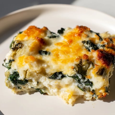 Creamy Cheesy Spinach and Artichoke Bake bubbling with melted cheeses and fresh vegetables.  