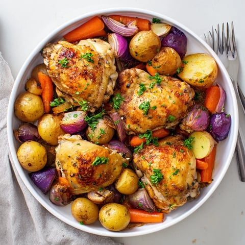 Hearty Rustic Chicken and Potato Bake with golden veggies and fresh herbs.  