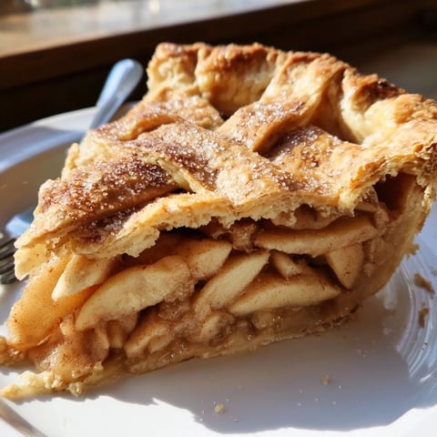 Classic apple pie with buttery crust, golden-brown and overflowing with spiced apples.  