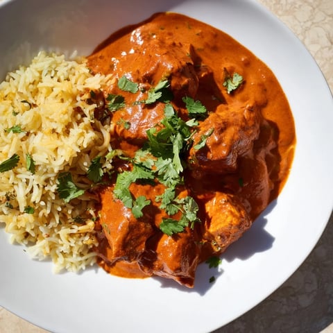 Tender Butter Chicken and Rice Pilaf, a creamy tomato-based dish served alongside fluffy basmati rice.