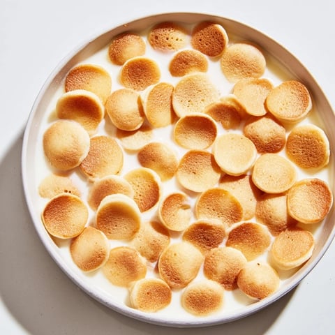 Golden, fluffy pancake cereal, perfect for a fun breakfast, served with fresh berries and syrup.