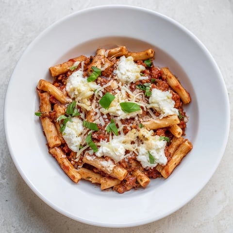 Steaming One-Pan Baked Ziti, topped with bubbly, melted mozzarella and a sprinkle of fresh herbs.