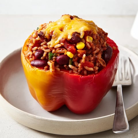 Steaming stuffed bell peppers, bursting with a savory filling, ready for a delicious dinner.