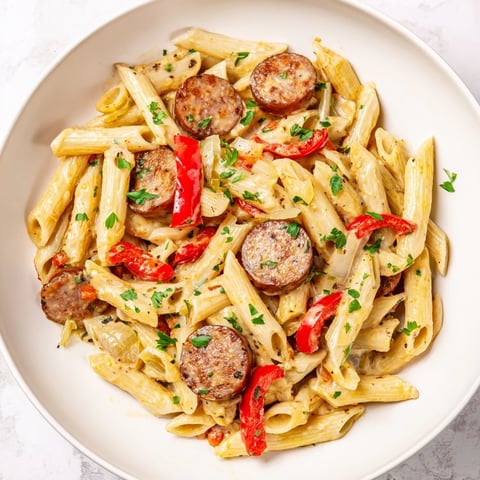 Creamy Cajun Spiced Smoked Sausage Alfredo, a rich and vibrant one-pot pasta dinner.