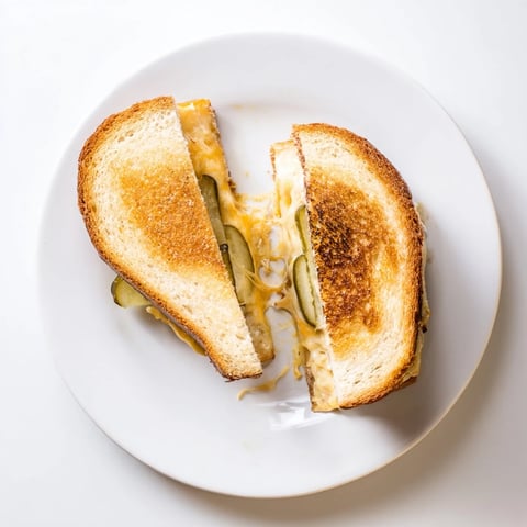 Golden-brown Gooey Pickle Grilled Cheese, oozing with melted cheese and tangy dill pickles, ready to eat.