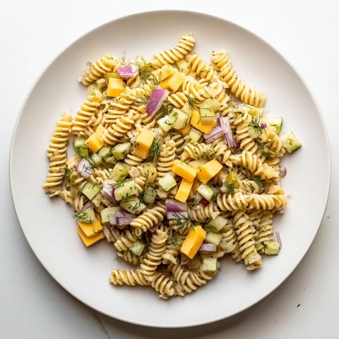 Vibrant dill pickle pasta salad loaded with creamy dressing, cheddar, and fresh herbs.