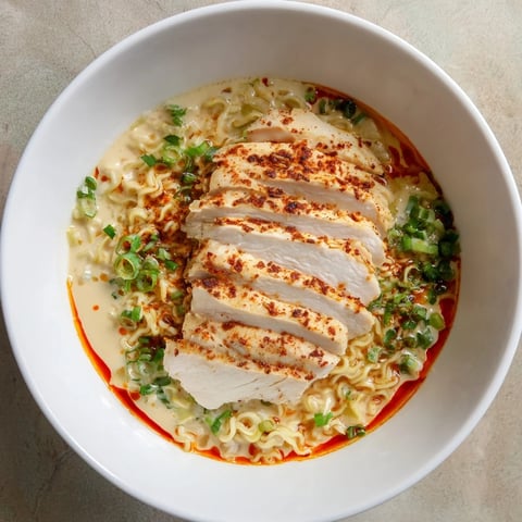 Steaming, flavorful Fiery Chicken Ramen with tender chicken, creamy garlic sauce, and fresh green onions, ready to eat.