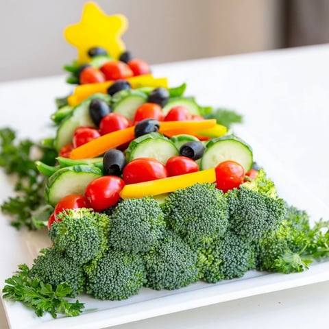 A vibrant Healthy Christmas Veggie Platter Tree with colorful vegetables is ready to serve.