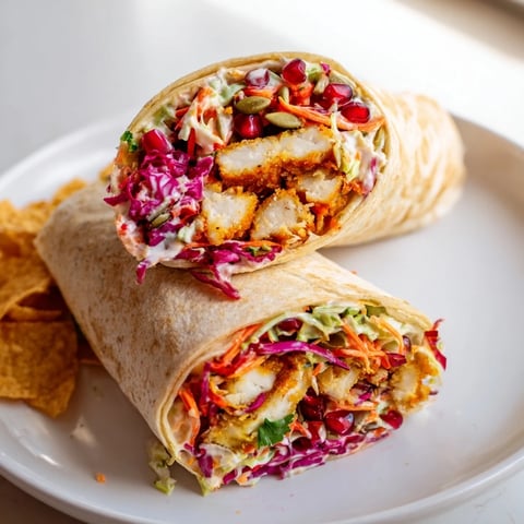 Golden, crispy sweet chili tofu crunch wrap with a colorful holiday slaw, perfect for a vegan feast.