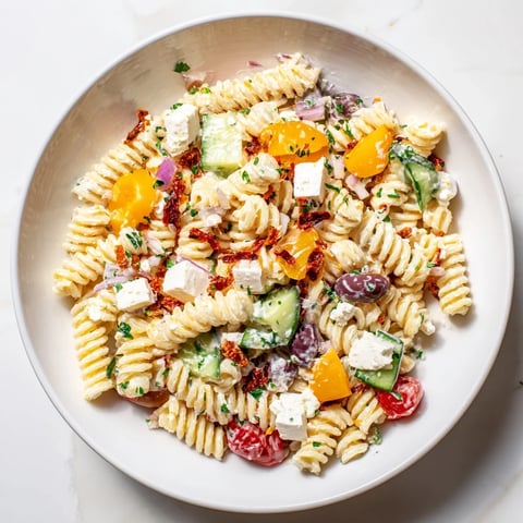 A colorful bowl of Greek Yogurt Million Dollar Christmas Pasta Salad, creamy and inviting.