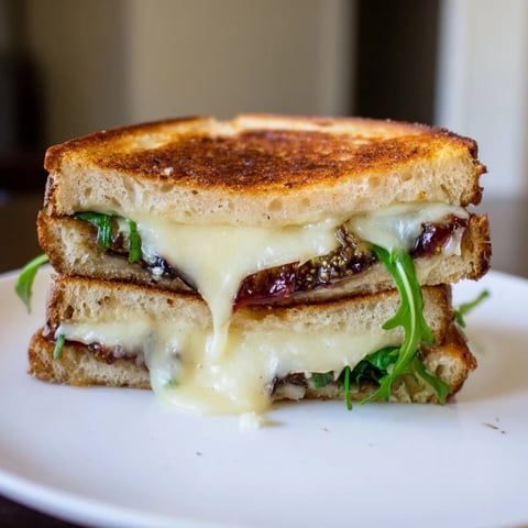 Golden-brown Fig, Brie & Arugula Grilled Cheese, oozing melted Brie with peppery arugula.