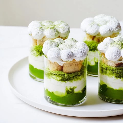 Creamy Matcha Mascarpone Tiramisu Snow Cups, layered with matcha sponge and fluffy mascarpone.