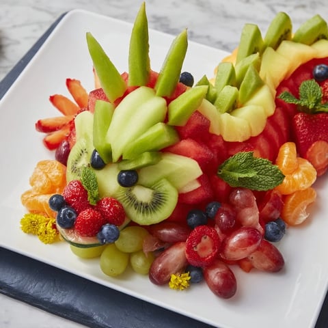 Vibrant Dragon-Shaped Fruit Tray, ready to serve, filled with colorful melon and fresh grapes.