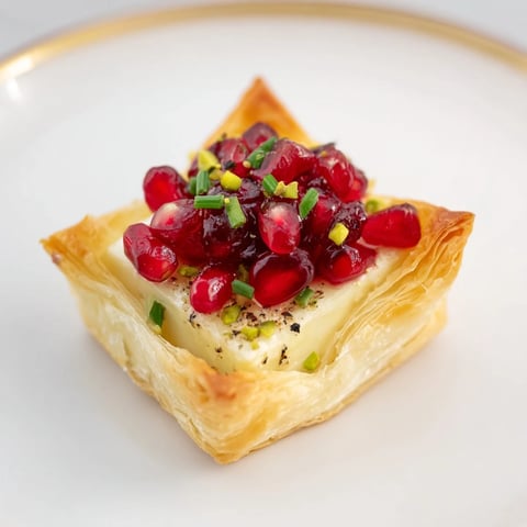 Golden, flaky Fireworks Brie Tartlets topped with bright red pomegranate seeds; an elegant appetizer.