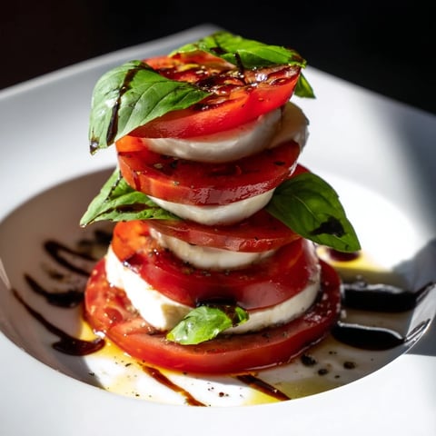 Elegant Tuscan Pillar appetizer: layers of red tomato, white mozzarella, green basil, drizzled with balsamic.