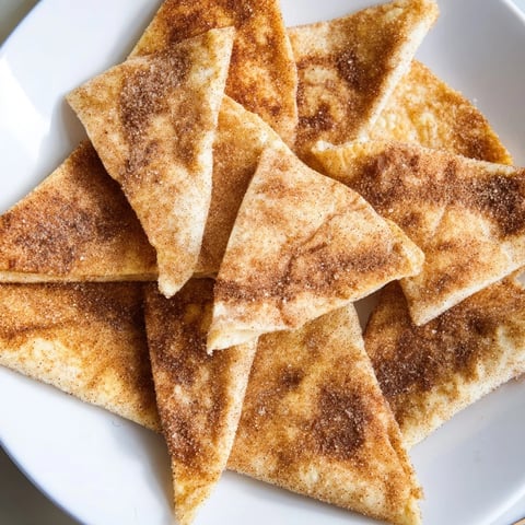 Golden, crispy Cinnamon Sugar Tortilla Chips ready to be dipped, perfect for a sweet treat.