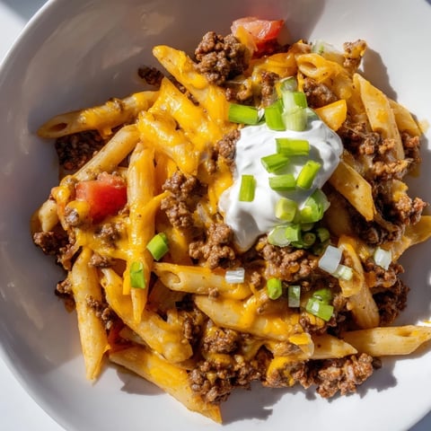One-Pot Taco Pasta with bubbling cheese, ready to serve with fresh cilantro and sour cream.