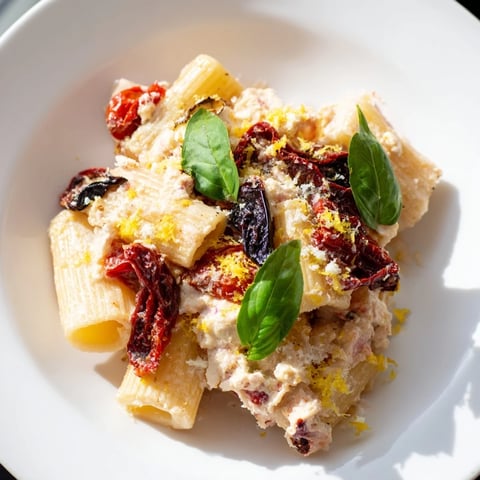 Creamy Baked Feta Pasta with vibrant sun-dried tomatoes—a delicious vegetarian Mediterranean meal.