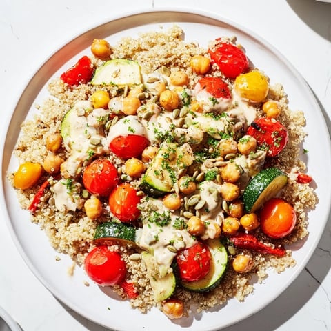 Fluffy quinoa power protein salad with bright vegetables and creamy dressing, ready to eat.