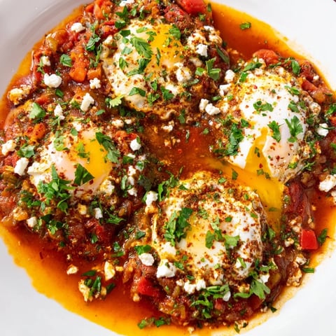 Image of Israeli Shakshuka eggs, a flavorful dish with bright red tomato sauce and perfectly poached eggs.