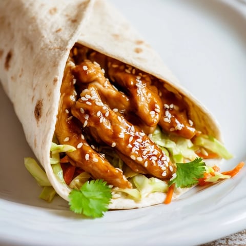 Golden-brown teriyaki chicken strips in a soft tortilla with crunchy cabbage and carrots.