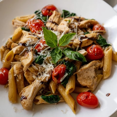 Steaming Balsamic Glazed Chicken Pasta with penne, cherry tomatoes, and fresh basil garnish.