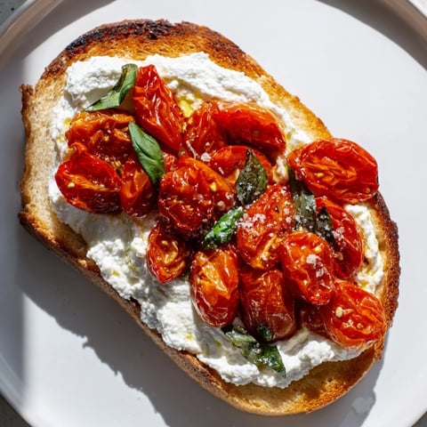 Golden Tomato Ricotta Toast on toasted sourdough topped with roasted tomatoes and fresh basil, drizzled with olive oil.
