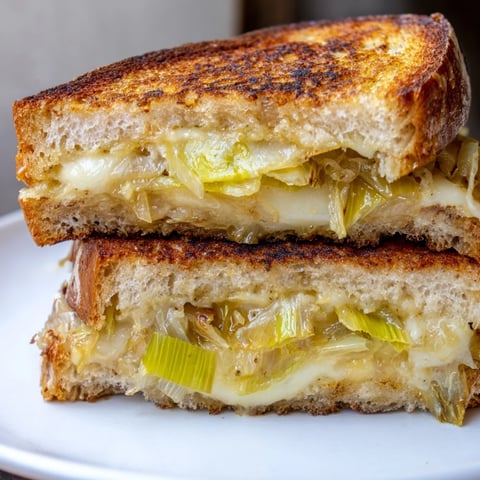 Slices of golden, buttery sourdough hold melted Havarti and sweet caramelized leeks in this classic Havarti & Caramelized Leek Grilled Cheese.  