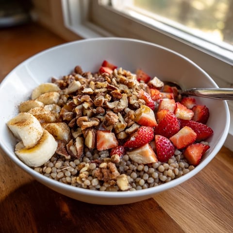 A warm bowl of Buckwheat Groats Breakfast topped with mixed nuts, fresh berries, and a drizzle of honey for a wholesome morning meal.