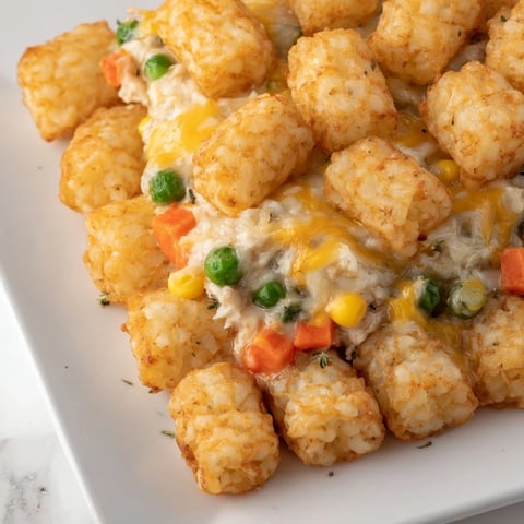 Golden, crispy tater tots topping a savory Tater Tot Chicken Pot Pie, a heartwarming American classic.
