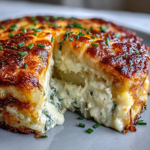 Golden, bubbling Cheese and Potato Pie fresh from the oven with melted Gruyère and cheddar topping.