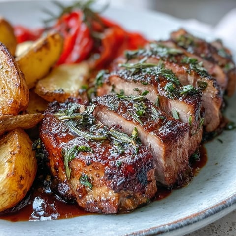Sliced marinated Ibérico pork fillet with roasted potatoes and red peppers on a rustic plate, drizzled with pan juices.