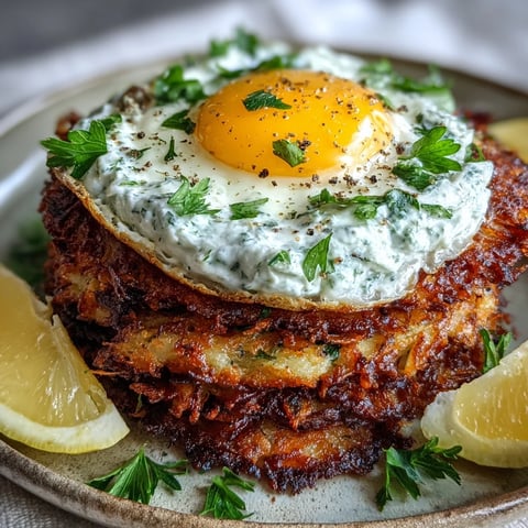Golden-brown celeriac rösti topped with a fried egg, drizzled with vibrant red harissa yogurt and fresh parsley.