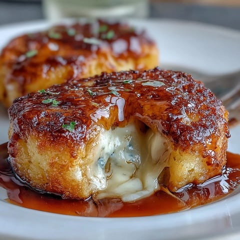 Golden-brown pan-fried Chīzu Imomochi with melted cheese peeking out, drizzled in a glossy soy-honey glaze and sprinkled with scallions on a rustic plate.