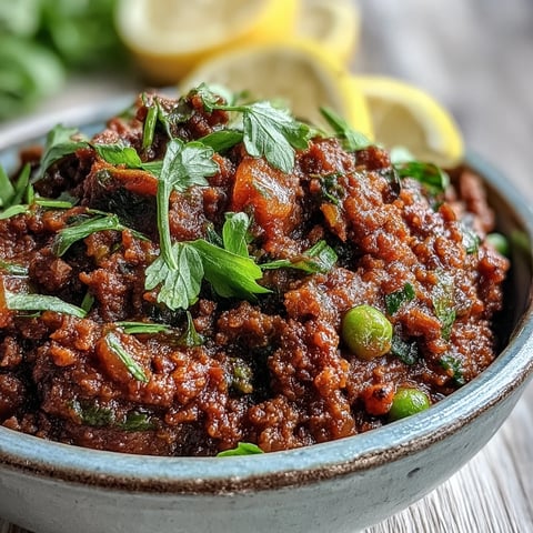 A serving bowl of Venison Keema Curry, featuring tender ground meat and peas in a rich, dark red curry sauce, garnished with fresh cilantro and a lemon wedge.