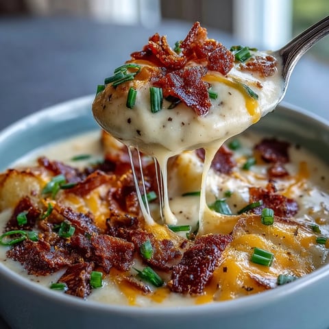 Creamy Loaded Potato Soup topped with crispy bacon, melted cheddar, and fresh green onions in a rustic bowl.
