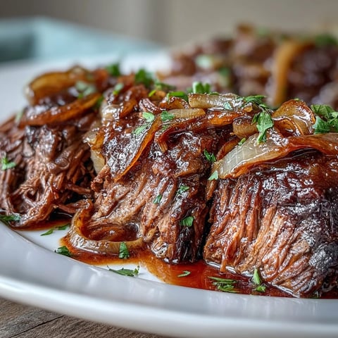 Savory Crock Pot French Onion Pot Roast with tender beef, caramelized onions, and melted Gruyere cheese.