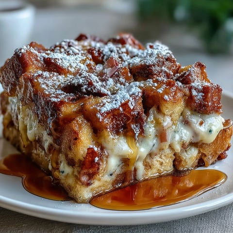 Golden-brown Monte Cristo Breakfast Casserole, topped with powdered sugar and maple syrup in a white dish.