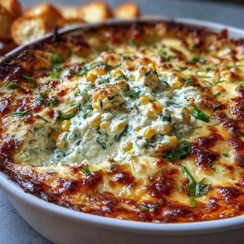 Golden Crack Corn Dip bubbling in a baking dish, topped with melted cheddar and green onions, served with tortilla chips.