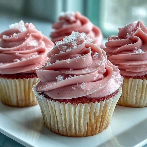 Freshly baked Pink Velvet Cupcakes with Vanilla Buttercream Frosting, arranged on a marble surface with pink sugar sprinkles.
