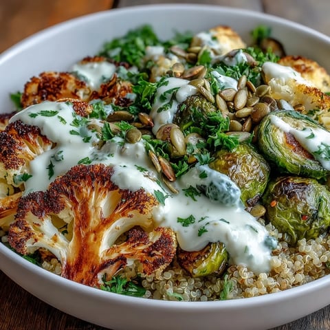 Golden-brown roasted Brussels sprouts, broccoli, and cauliflower Roasted Brassica Bowl piled on fluffy quinoa with pumpkin seeds. 