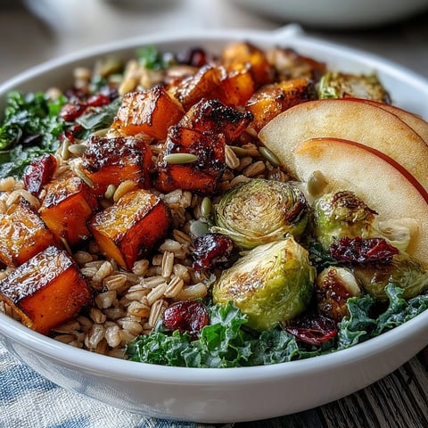 Autumn Harvest Bowl features golden roasted squash and Brussels sprouts over warm farro, topped with fresh kale, apples, and cranberries.